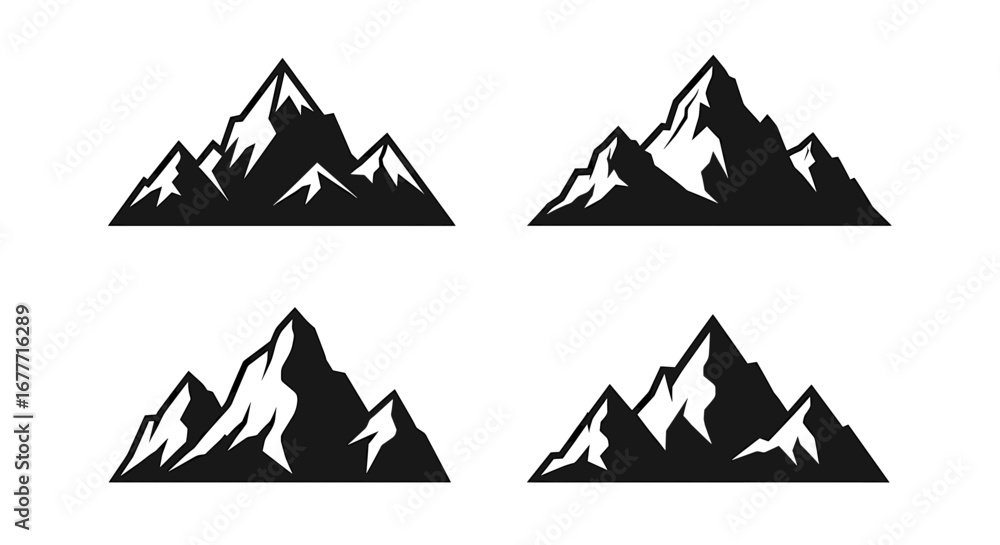 Poster four mountain range illustrations with jagged peaks and snowy caps in a vector format design