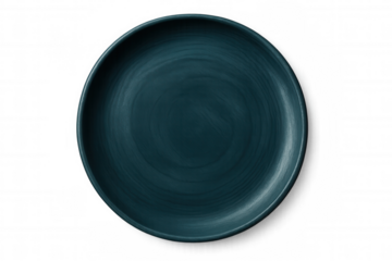 Round, empty blue ceramic plate isolated on a transparent background, ideal for showcasing culinary creations and food photography