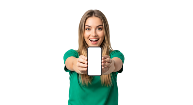 Excited young woman a smartphone with a blank screen isolated on transparent background, smiling broadly - Powered by Adobe