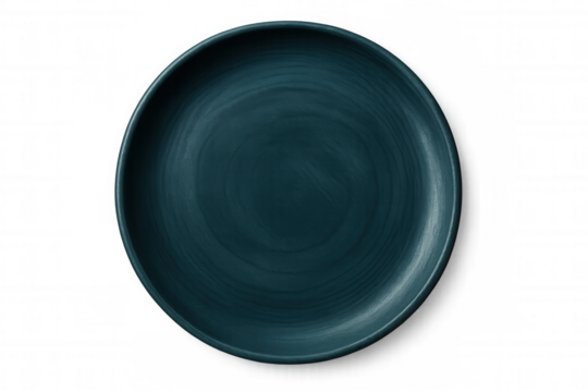Round, empty blue ceramic plate isolated on a transparent background, ideal for showcasing culinary creations and food photography