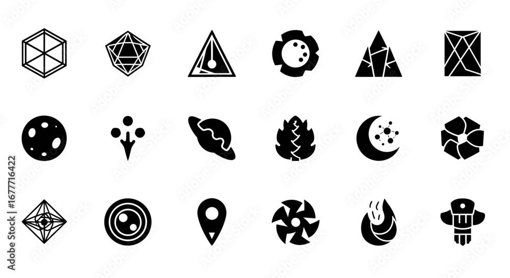 Aufkleber assorted geometric and celestial icons arranged in a grid pattern on a white presentation sheet