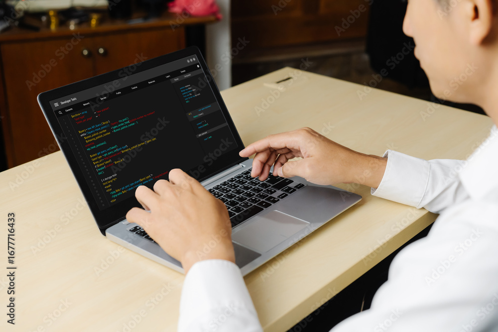 Aufkleber software development programming on computer screen for modish application and program coding