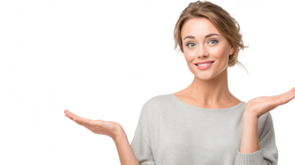 Young woman with a friendly smile, presenting with open hands isolated on transparent background