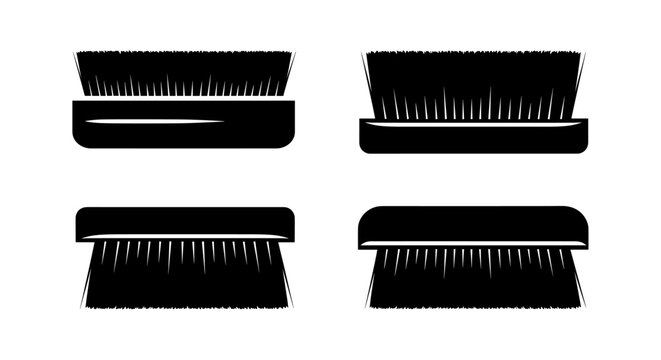 Four illustrations of cleaning brushes with bristles and handles in a vector graphic design style