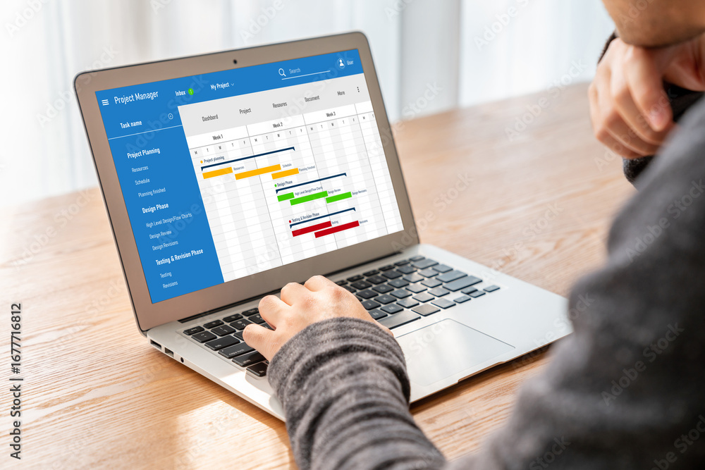 Aufkleber project planning software for modish business project management on the computer screen showing time