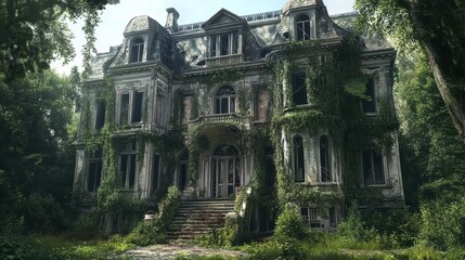 Fototapeta premium An overgrown, abandoned mansion enveloped by nature, showcasing decaying architecture and a hauntingly beautiful atmosphere.