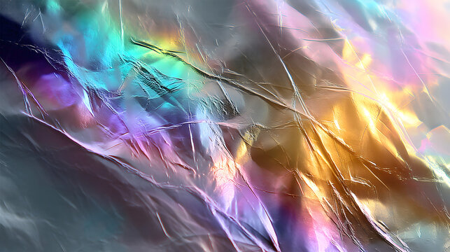 Abstract pastel holographic light with complex scrath textures and glowing refections, creating an etheral, dreamy effect.