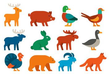Vibrant Hunting Icons. Flat vector icons of hunting animals: deer, wild boar, duck, pheasant, elk, rabbit, moose, goose, turkey,