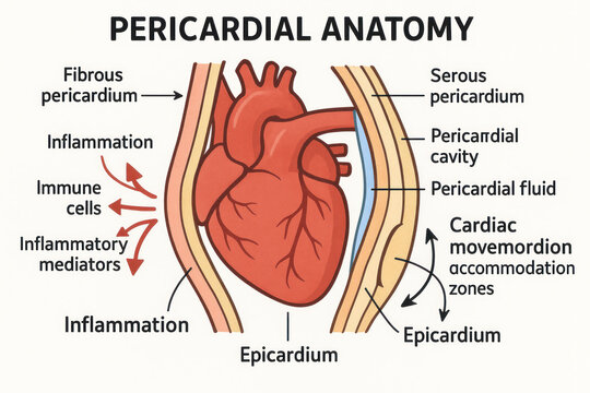 Pericardial Anatomy Diagram Illustration: Heart layers, inflammation and anatomy.