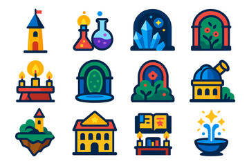 Obraz premium Magical Architecture Icons. Flat vector icons of magical architecture: wizard tower, potion lab, crystal cave, spell chamber,