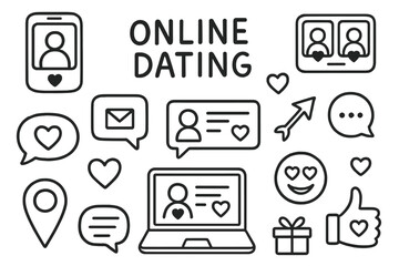Online Dating Icons. Online dating doodle set: hand drawn icons for love apps, messages, and heart emojis, isolated transparent