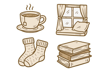 Cozy Reading Essentials. Cozy reading afternoon doodle set: hand drawn icons for tea, window seat, socks, and thick books,