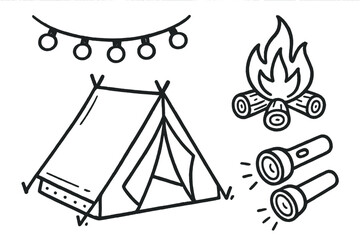 Indoor Kid's Camping Adventure. Indoor camping for kids doodle set: hand drawn icons for play tent, string lights, pretend fire,