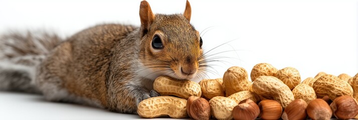 Squirrel with peanuts and hazelnuts on white background