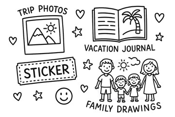 Holiday Memory Doodle Set. Kids holiday memory book doodle set: hand drawn icons for trip photos, vacation journal, stickers, and