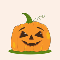 Cute Halloween pumpkin with carved face and smile, white background, vector