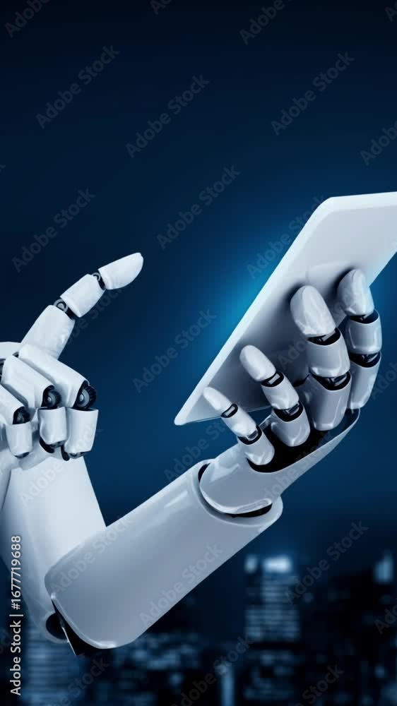 Poster robot hominoid use mobile phone or tablet for big data analytic using ai thinking brain , artificial
