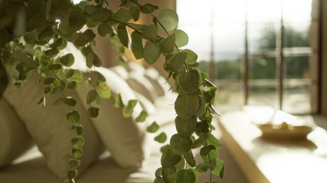 Indoor vine plant with round green leaves draping beside sunlit cushions in a mediterranean home setting in mallorca.