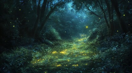 A serene, illuminated forest glade at night, filled with glowing fireflies and surrounded by lush greenery, creating a magical atmosphere.