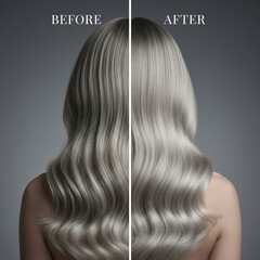 Fototapeta premium A luxurious, high-resolution before-and-after photo of a woman with long cool-toned blonde wavy hair, styled for a premium salon ad