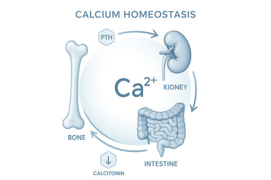 Calcium Homeostasis Diagram Illustration, Human Body, Bones, Kidneys, Intestines - Medical Education [Illustration]