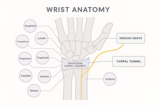 Wrist Anatomy Diagram: Bones, Nerves and Carpal Tunnel - Illustration