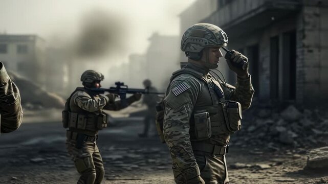 Male soldier communicating on walkie talkie while on war patrol through a ruined city, military operation footage.