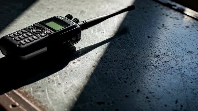A tactical black walkie talkie radio transceiver with antenna on a scratched metal surface under dramatic light beams, military communication footage.