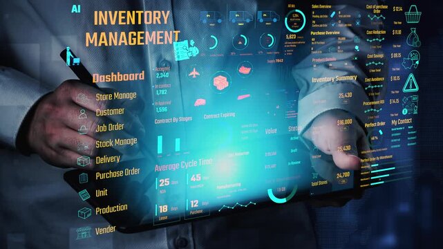 Inventory management dashboard showing supply chain performance, stock levels, order cycle times, cost reduction, and procurement ROI. Inventory tracking, and streamline warehouse efficiency. Thunk