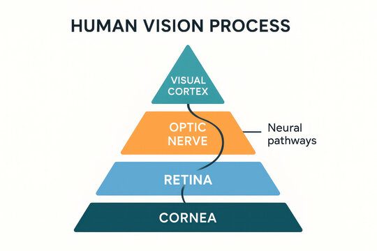 Human Vision Process Illustration: Cornea, Retina, Optic Nerve, Visual Cortex, and Neural Pathways Illustration