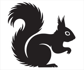 Silhouette of a squirrel with bushy tail, vector wildlife illustration representing forest animal, nature, woodland creature, rodent, ecology, autumn, nut gathering, outdoor life, and environmental co