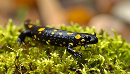 Black and yellow salamander crawling across vibrant green moss, dappled with light. Depth of field blurs the forest floor beyond
