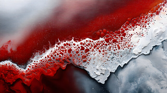 An abstract acrylic paintig with a fluid gradient trnsitioning from rich reds o soft whites, creating a mooth and calming texture.