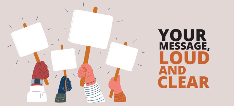 Vector illustration of people holding blank banners, symbolizing unity, teamwork, and shared goals