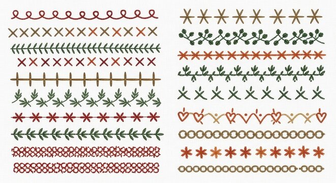 Collection of Decorative Embroidery Stitches in Red and Green Folk Art Style on a White Background