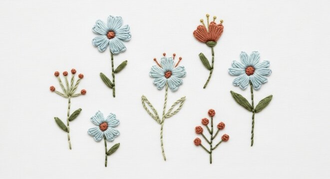 Handmade Embroidered Flowers in Blue and Orange on White Textured Fabric