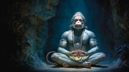 Lifelike depiction of Hanuman meditating during Diwali celebrations with a glowing diya