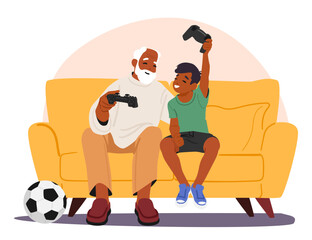 Happy grandfather and grandson playing videogames sitting on cozy home couch vector illustration