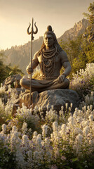 Stunning photorealistic statue of Lord Shiva seated amidst blooming flowers at sunrise