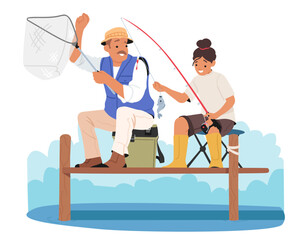 Grandfather and granddaughter fishing together enjoying active leisure activity outdoors scene