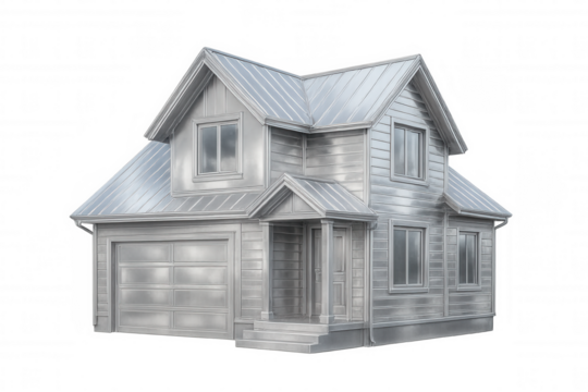 Silver metal house with garage reflecting cloudy sky on transparent background, perfect for architecture and real estate projects