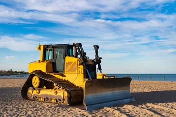 Bull dozer heavy machinery. Industrial heavy equipment. Bulldozer or dozer machinery. Old heavy equipment of bulldozer with sand in bucket. Industrial dozer © be free