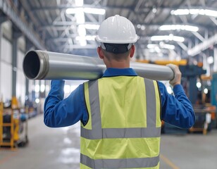 Back view of an industrial worker in a hard hat and safety vest carrying a large pipe on his shoulder in a factory