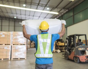 Warehouse Worker Carrying Bag Safety First in the Storage Facility