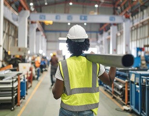 Industrial worker carrying metal beam in a factory A view from behind