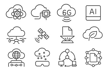 Cloud Technology Icons. Line style icons of future of cloud technology: quantum cloud icon, edge computing cloud, 6G cloud icon,