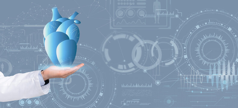A doctor stands holding a stylized blue heart, showcasing advancements in modern healthcare technology. Graphs and data overlays highlight innovative medical practices and research.
