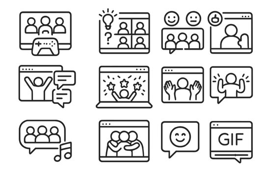Virtual Team Icons. Line style icons of virtual team building: online game, trivia quiz, emoji reactions, fun breakout session,