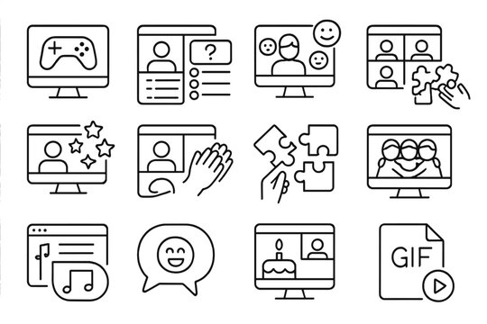 Virtual Team Icons. Line style icons of virtual team building: online game, trivia quiz, emoji reactions, fun breakout session,