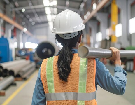 Rear view of a female industrial worker in a hard hat and safety vest carrying a heavy metal pipe through a factory